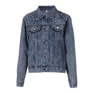 Casual Faux Pearls  Bead Denim Jacket Short Jean Coat